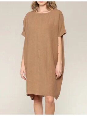 Filosofia Linen Oversized Dress Minimal Brown Shift Dress Relaxed Style Tunic L